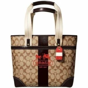Coach Beige Signature Canvas Tote with Dark Brown Trim and Red Accent Tag